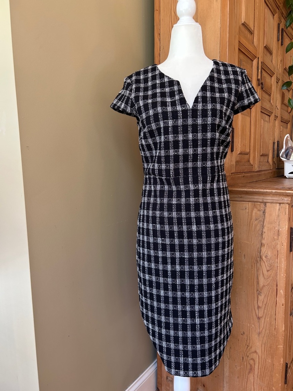 Banana Republic Black and White Plaid Midi Sheath Dress